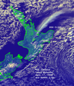 Mt Ruapehu ash cloud, eruption 1996 <br/> Image source http://www.noaa.gov